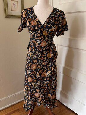 Blue Rain Navy Floral Ruffle Wrap Tie Dress Size M